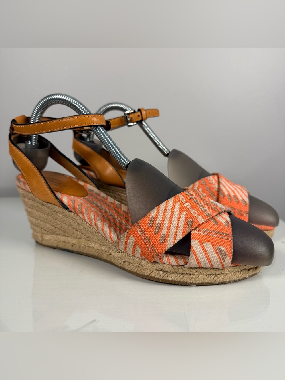 Coach Espadrille Wedge Sandals 7.5 Coral Tan Canvas Jute Ankle Buckle Open Toe